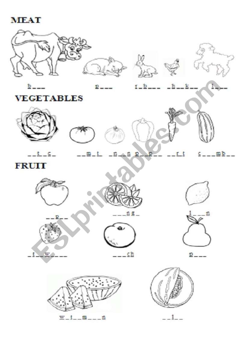 Meat, vegetables and fruit worksheet