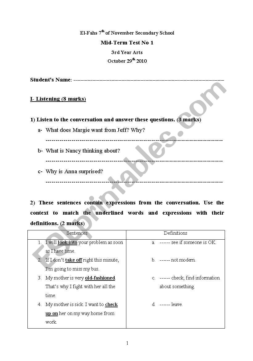 3rd Level control test worksheet