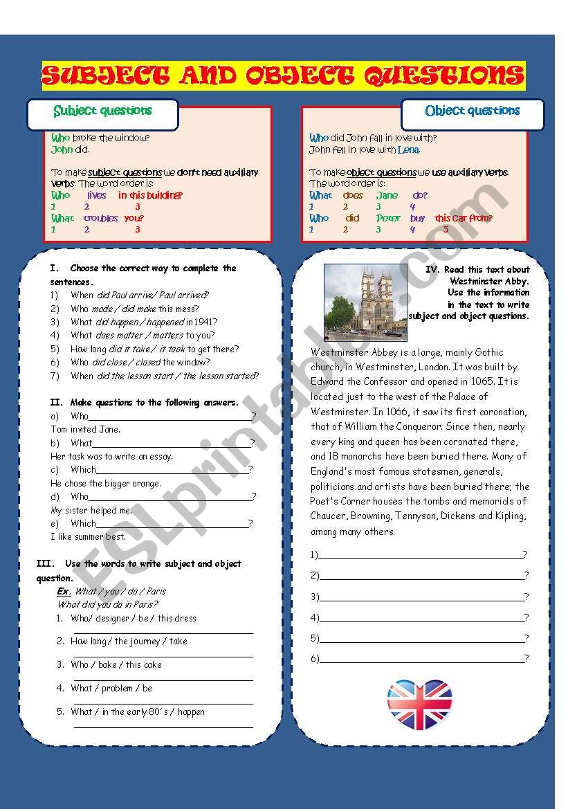 Subject And Object Questions ESL Worksheet By MariyaB