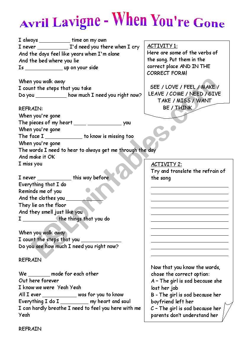 Avril Lavigne When You Re Gone Esl Worksheet By Cristina69