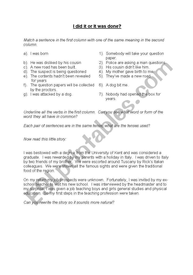 I did or It was done worksheet