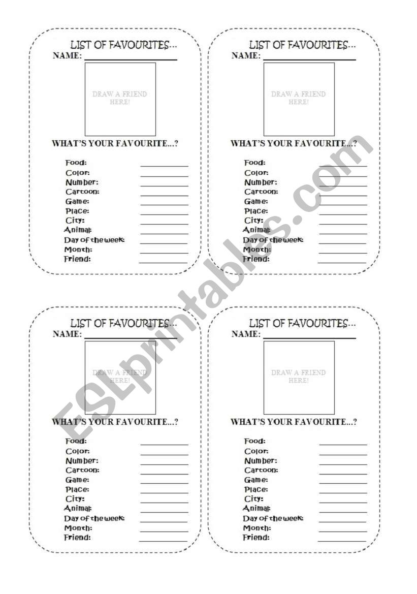 List of Favourites worksheet