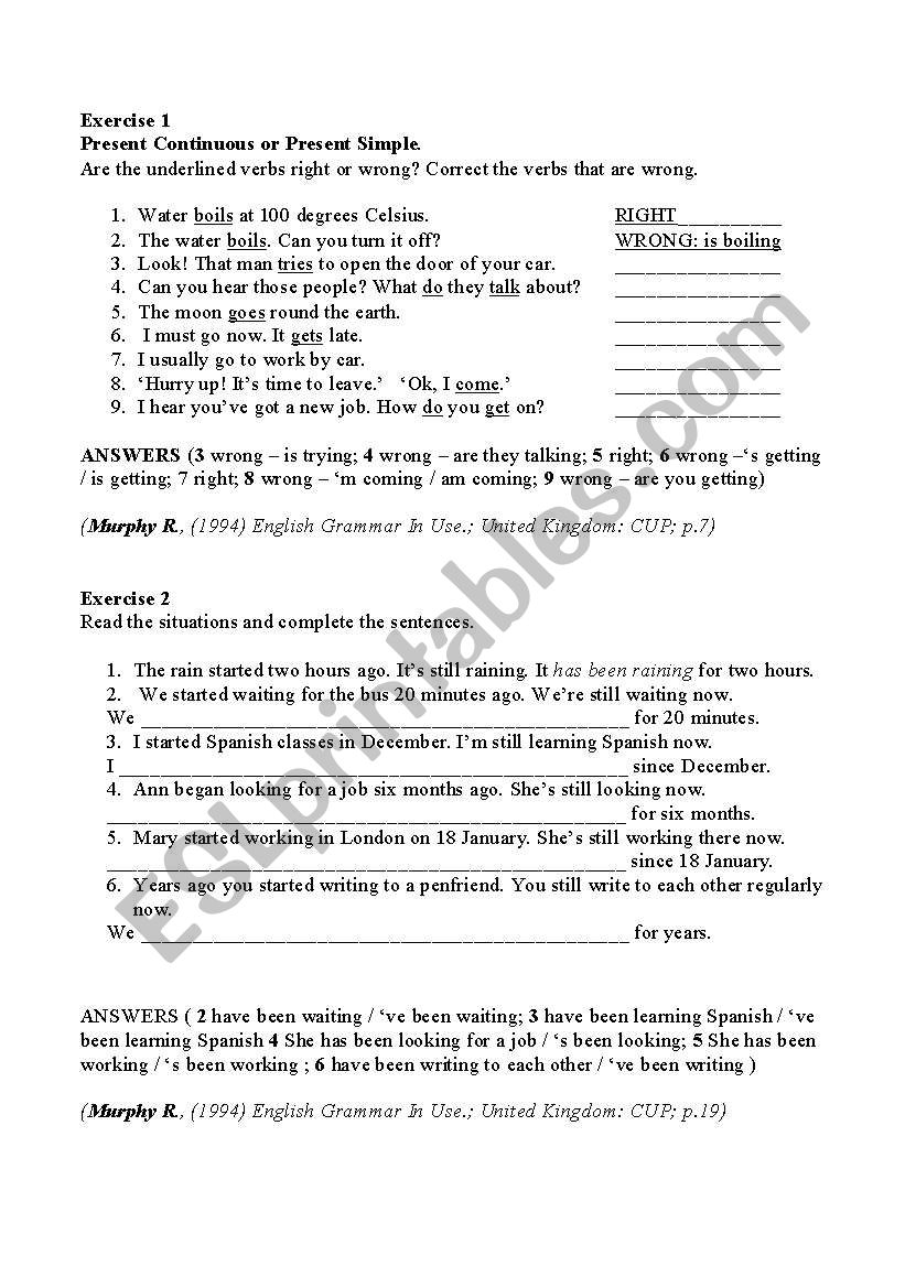 Exercises on Present Tenses worksheet