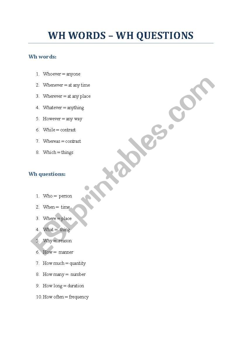 wh words worksheet