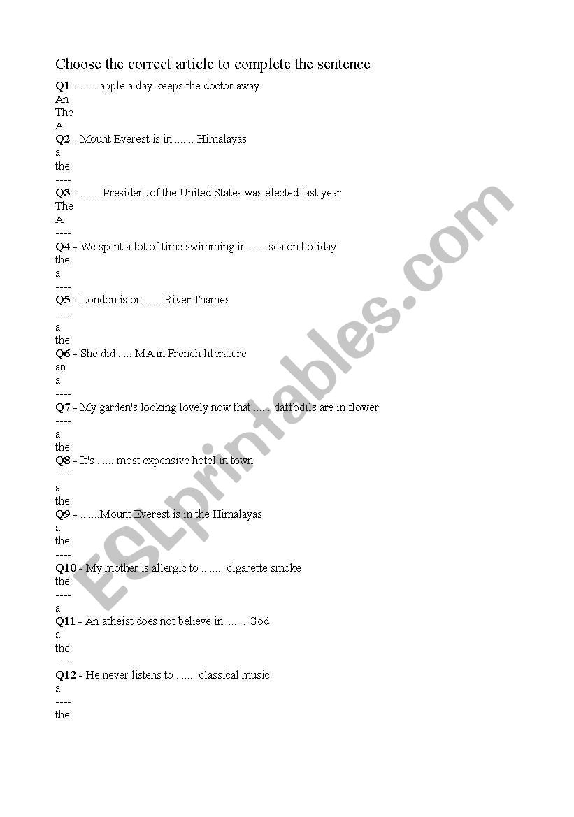 Article Multiple Choice worksheet