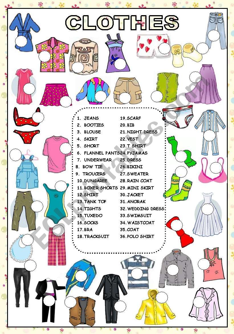 CLOTHES (KEY AND B&W VERSION INCLUDED) - ESL worksheet by veenee
