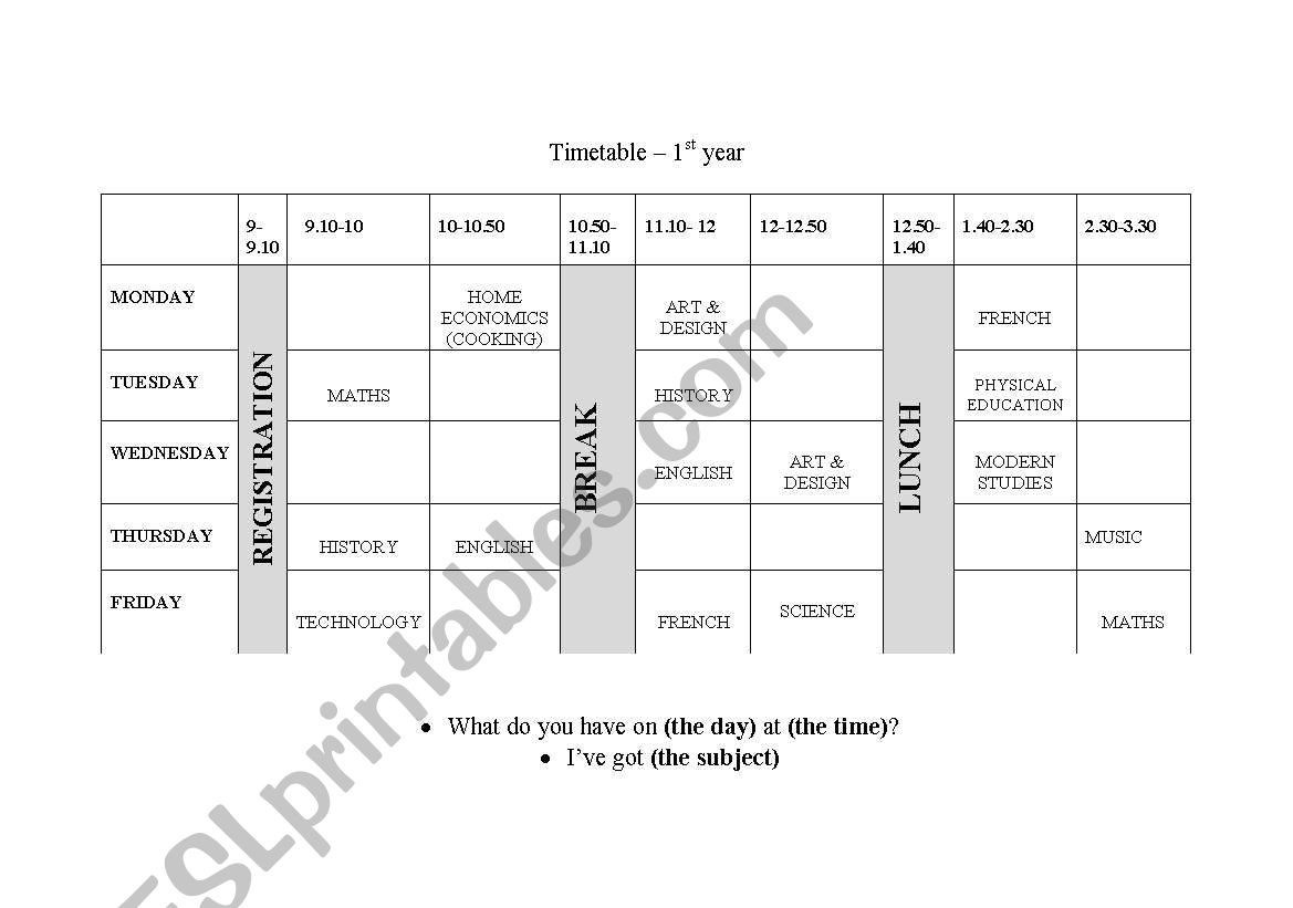 Time Table A- school subjects worksheet