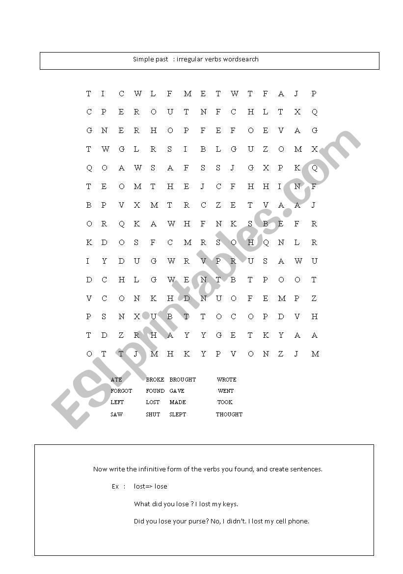 irregular verbs wordsearch worksheet