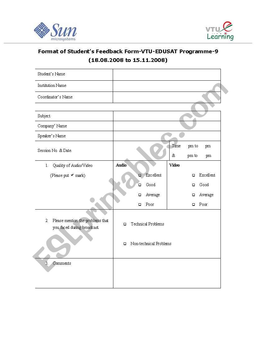 Student feedback form worksheet