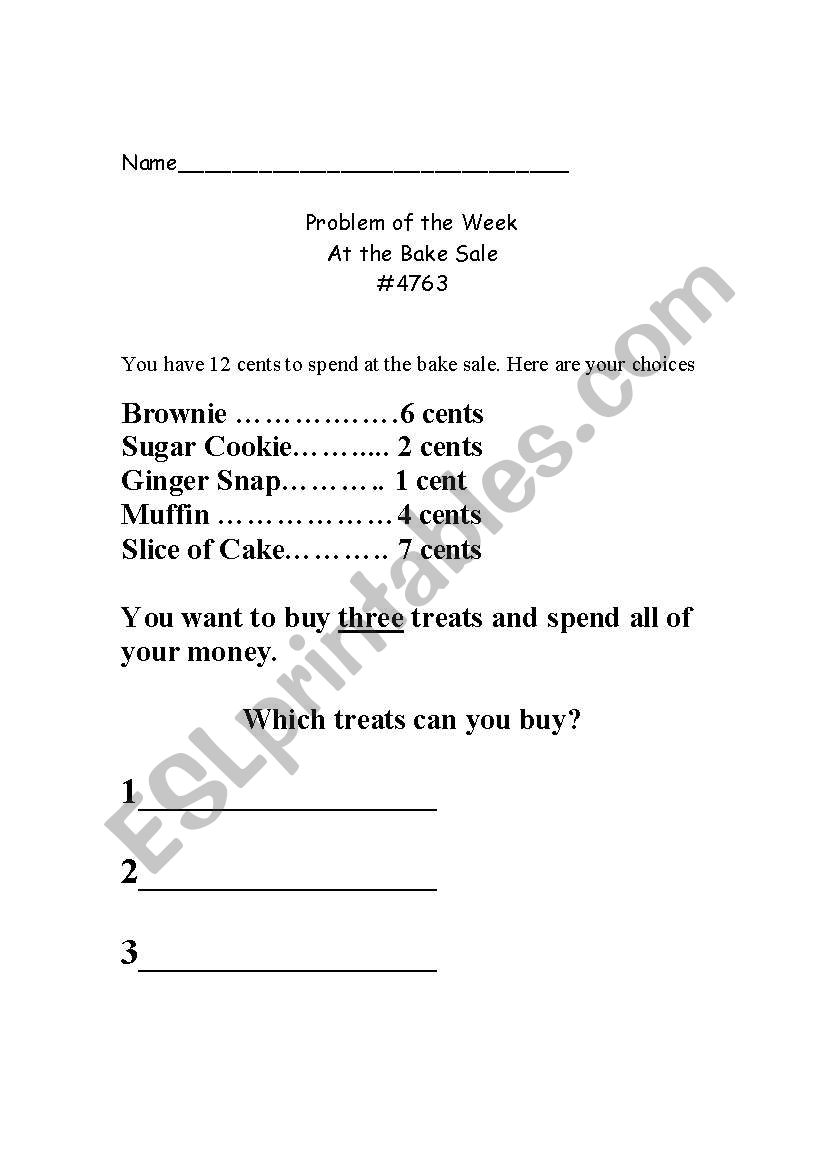 Bake Sale worksheet