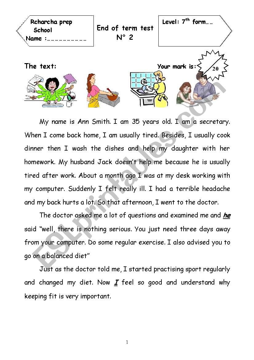 end term test N°2 7th form - ESL worksheet by day-dreamer