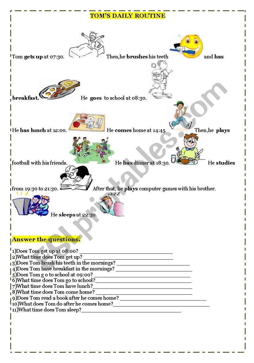 Tom´s Daily Routine - ESL worksheet by archmage