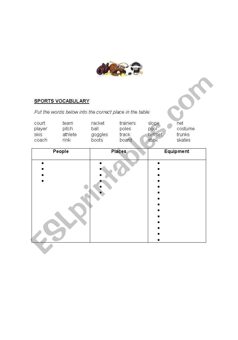 Sports vocabulary worksheet