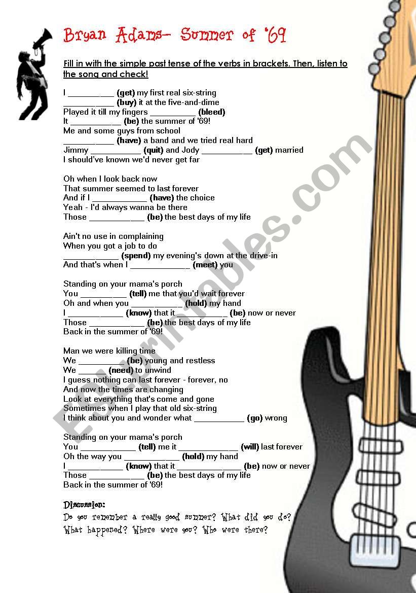 Summer of 69 by Brian Adams: English ESL worksheets pdf & doc