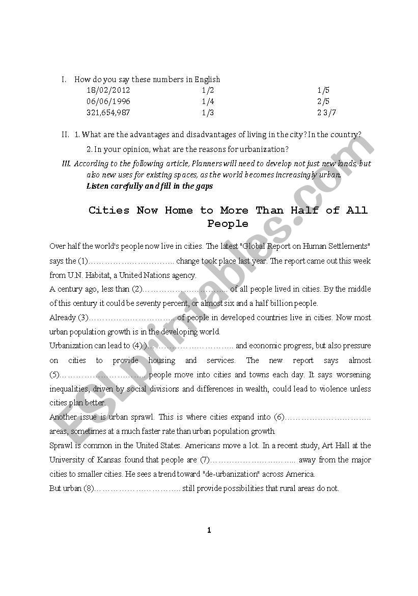 urbanization worksheet