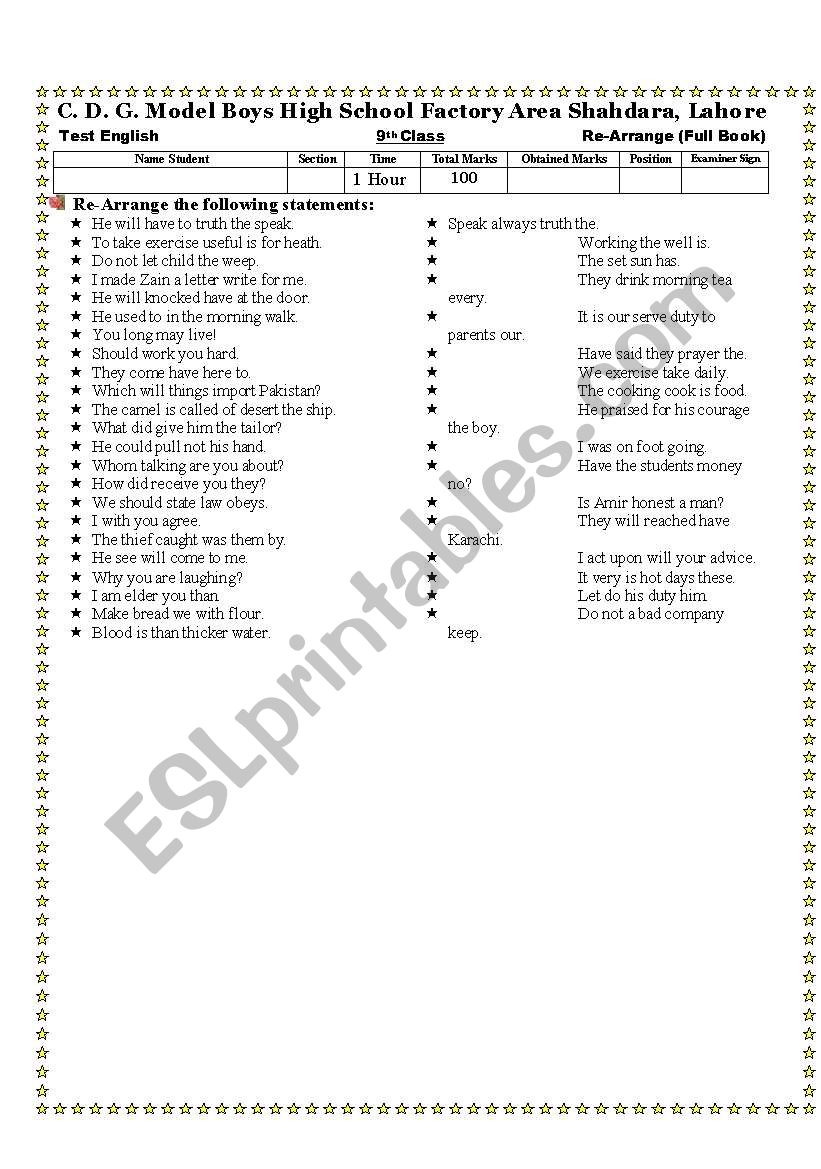 English Worksheets Re Arrange The Sentences