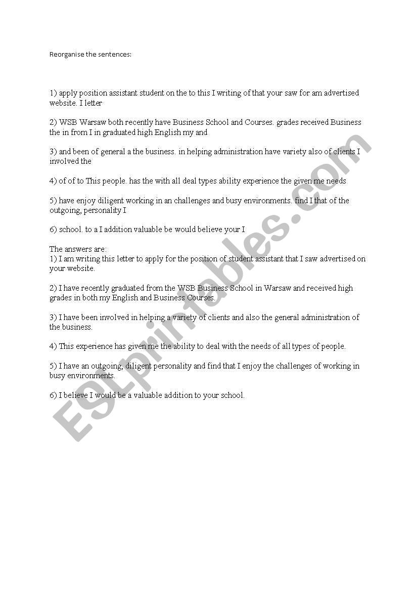 Application Letter Exercise 1 worksheet