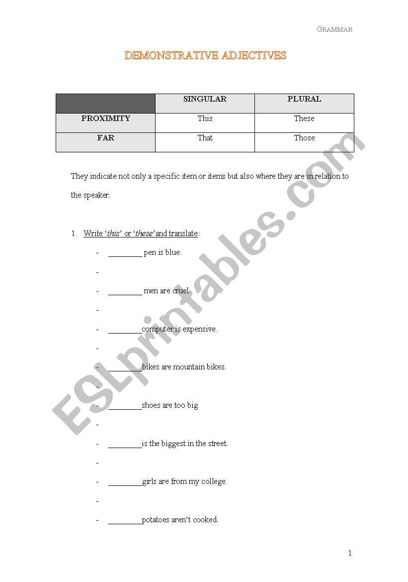 Demonstratives worksheet