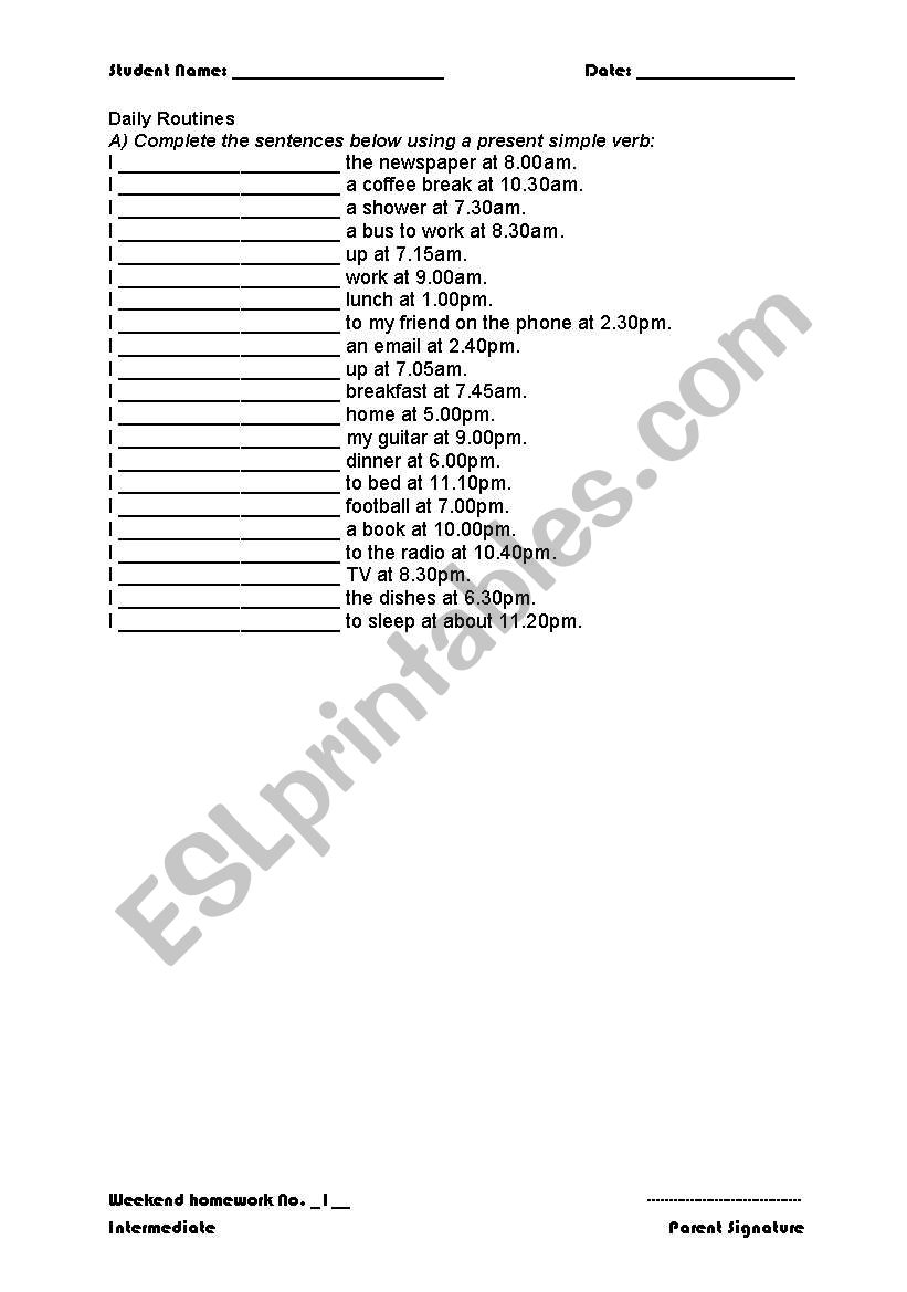 daily routines homework worksheet