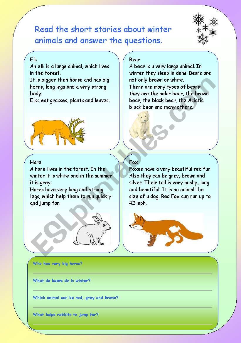 Winter animals. Reading comprehension . - ESL worksheet by englishspb