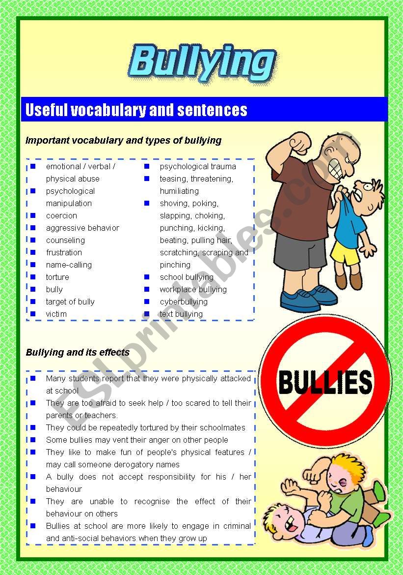 Bullying (Two pages) - ESL worksheet by lester79
