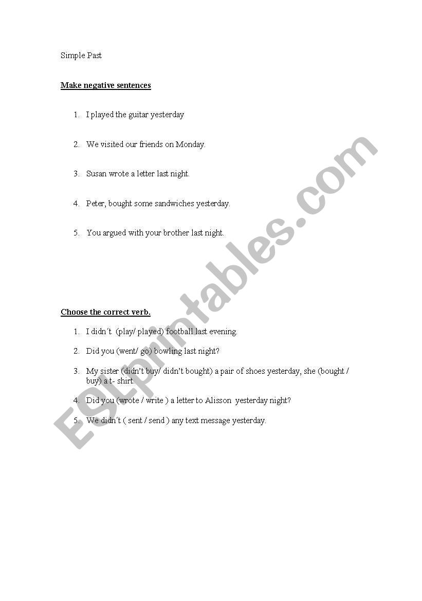 simple past sellection worksheet