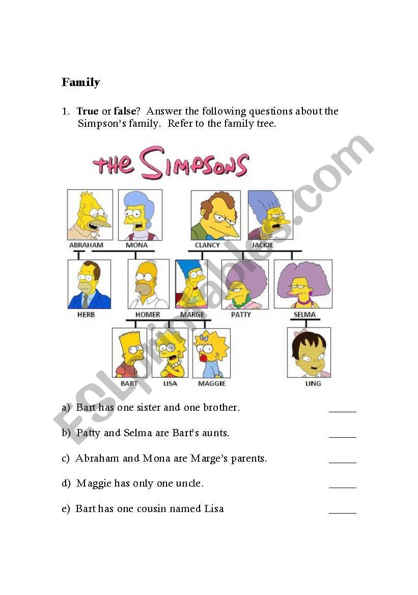 Simpson Family Tree worksheet