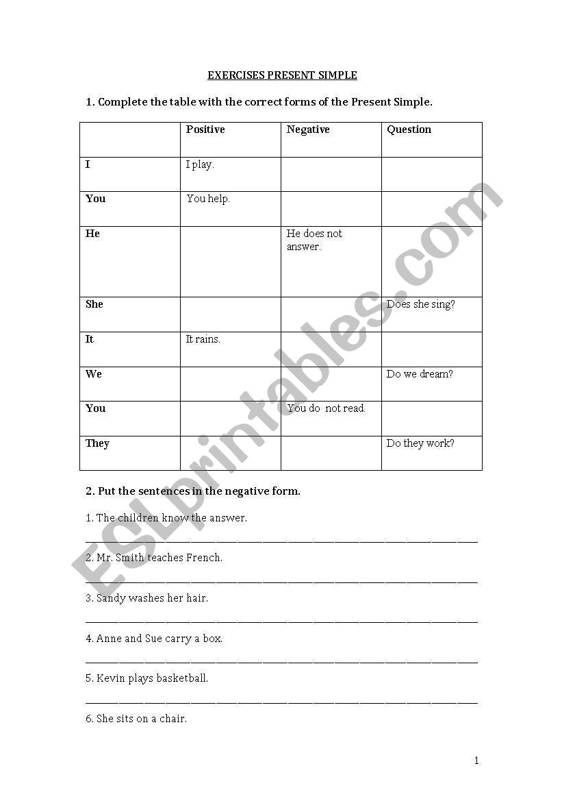 Elementary level exercises on the present simple