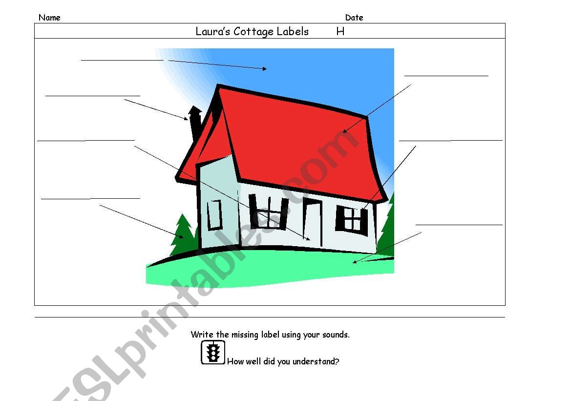 Label a cottage picture worksheet