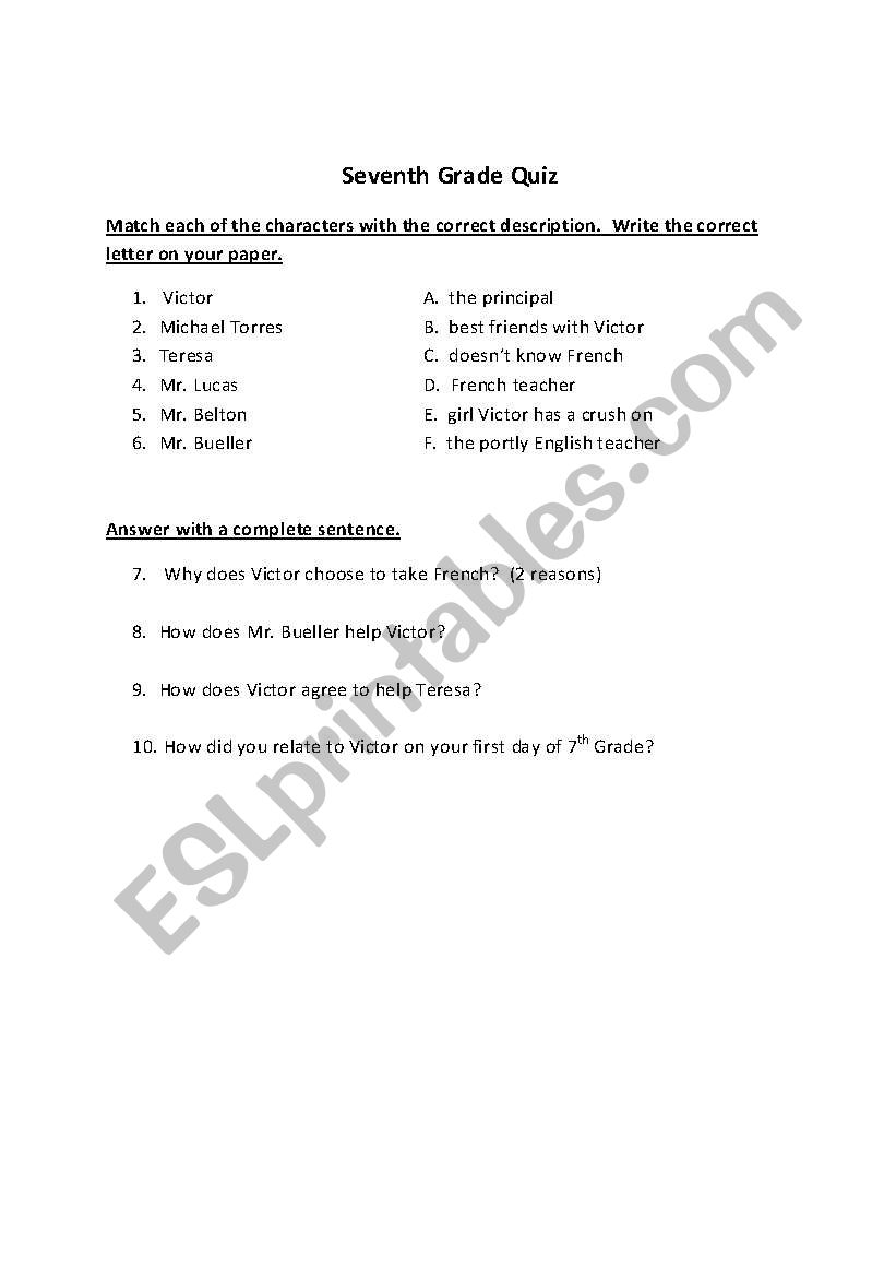 Seventh Grade Quiz worksheet
