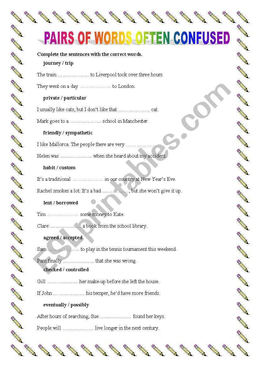 PAIRS OF WORDS OFTEN CONFUSED worksheet