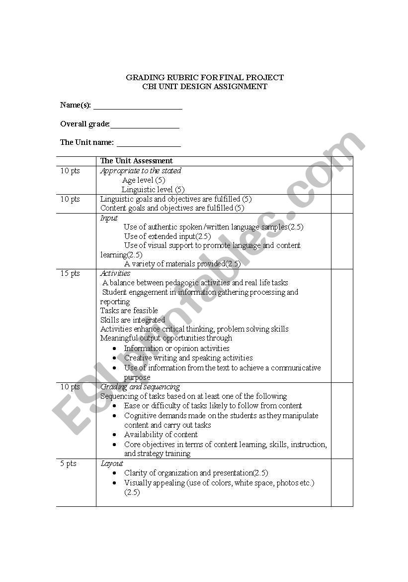 rubric worksheet