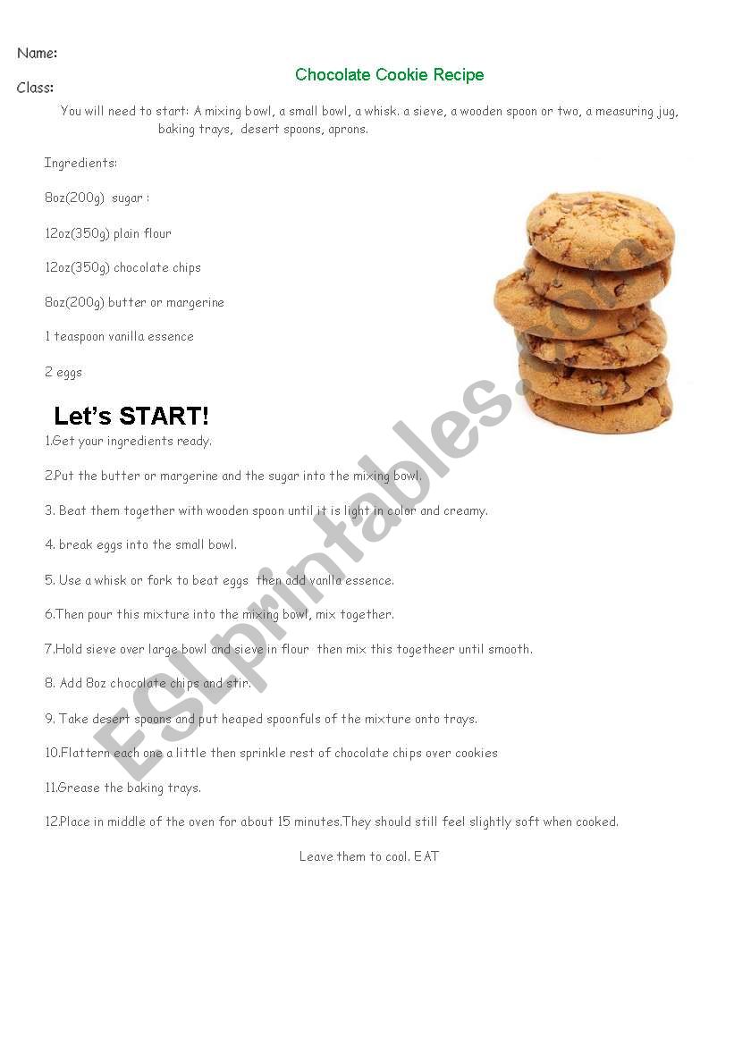 Cookie recipe for quantifiers worksheet