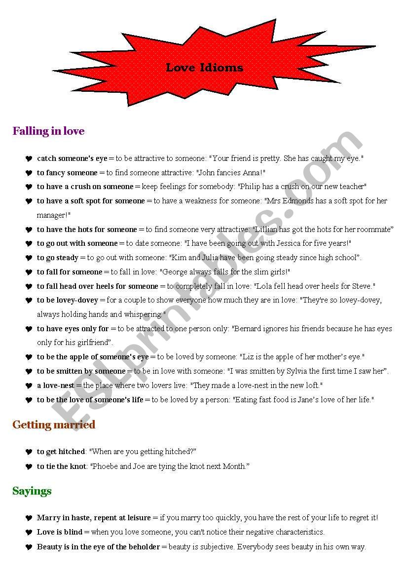 Idioms related to Love worksheet
