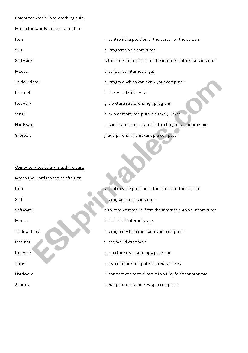 Computer definitions worksheet