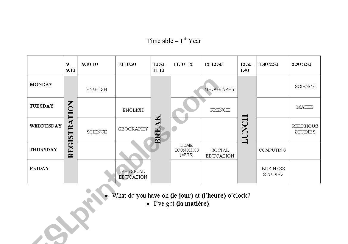 Timetable B worksheet