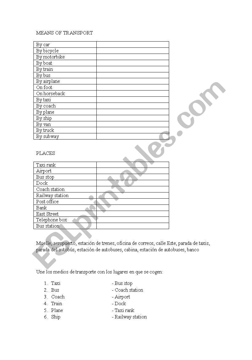 means of transport worksheet