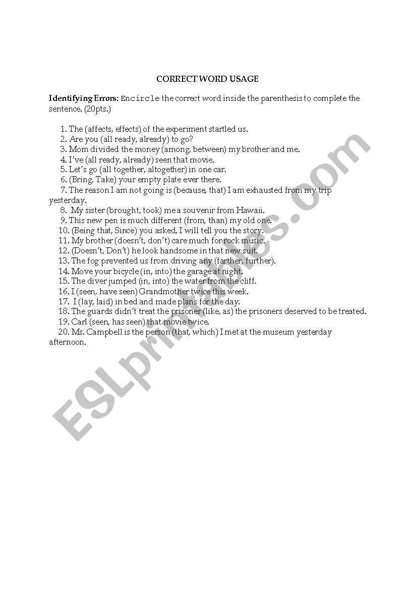 cORRECT USAGE OF WORDS worksheet