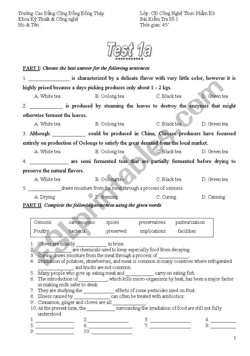 test for food tech in english worksheet