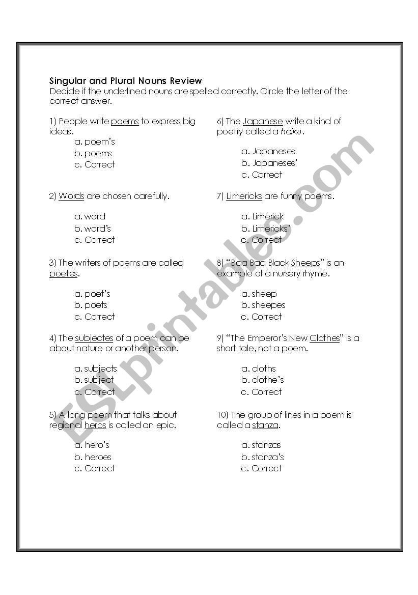 Singular and Plural Nouns Review