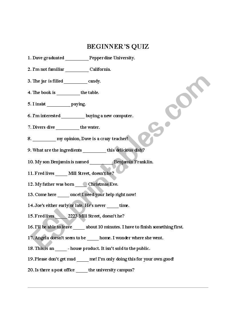 Beginners Preposition Quiz worksheet