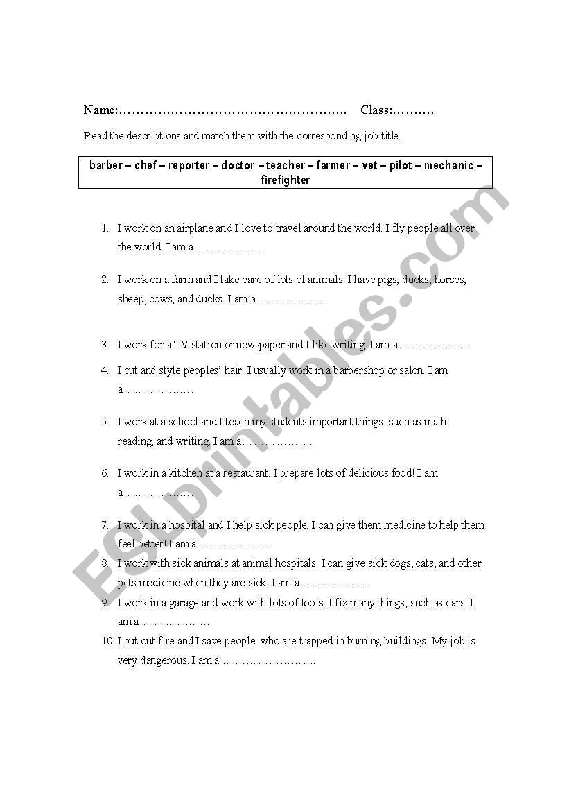 jobs discription worksheet