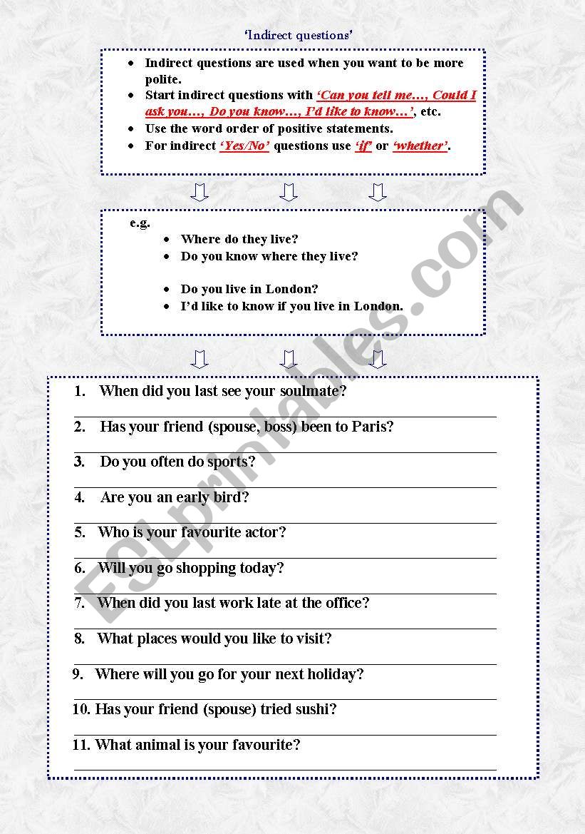 Indirect questions worksheet