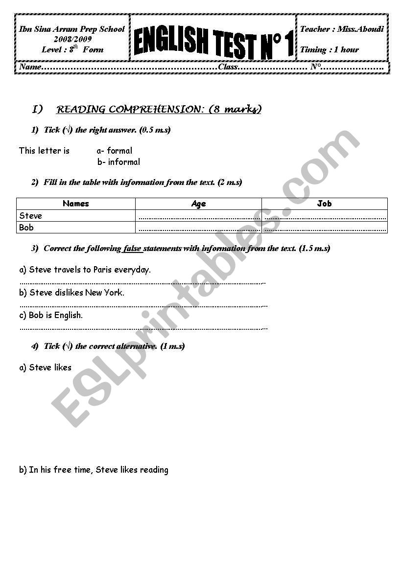 8th form test n1 worksheet