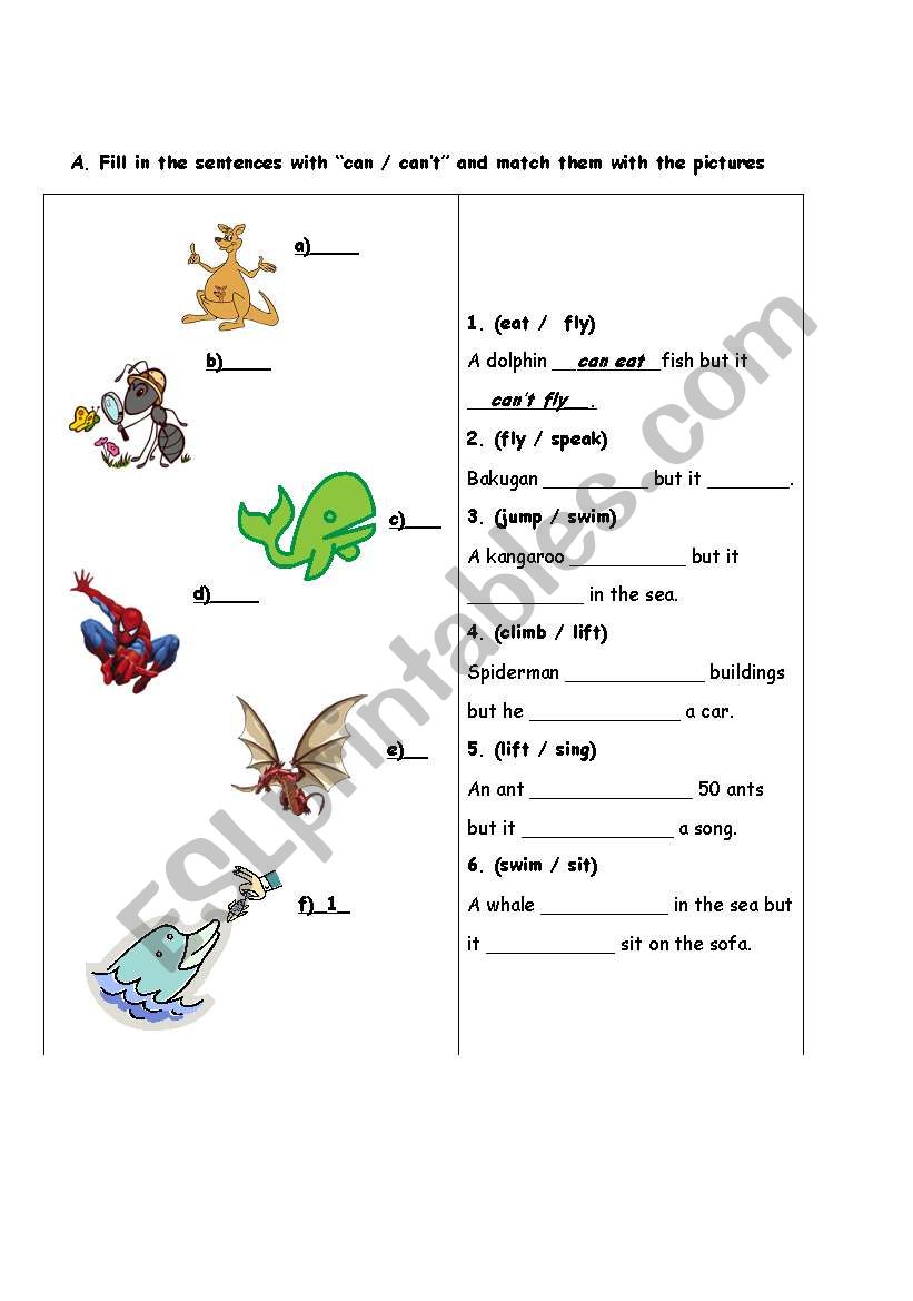 can / cant  worksheet