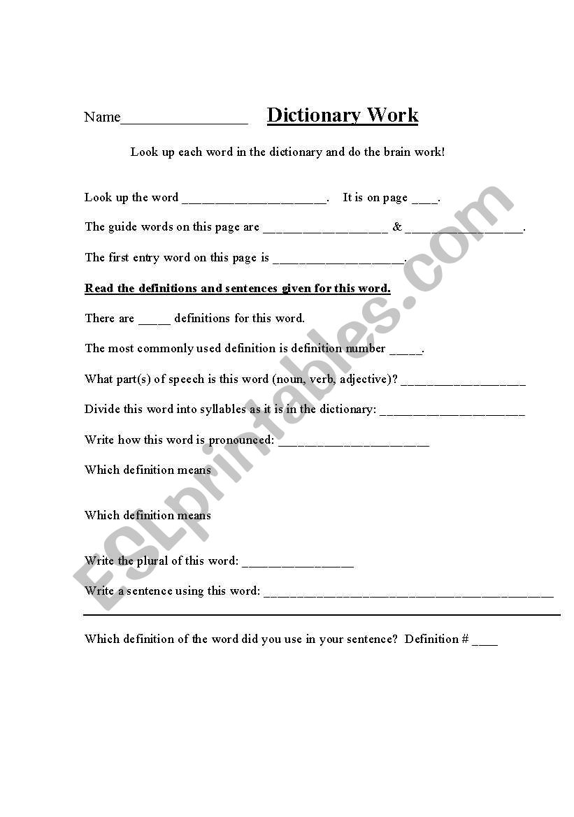 Dictionary Work worksheet