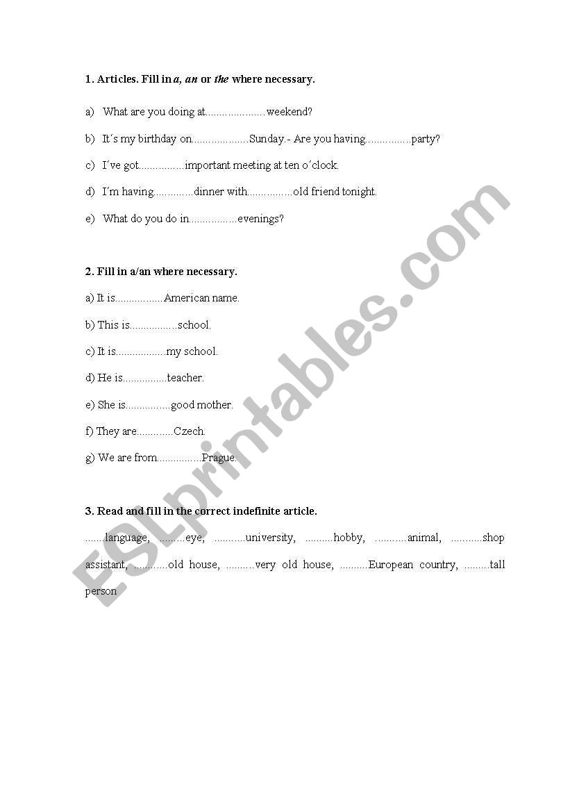 Articles - test worksheet