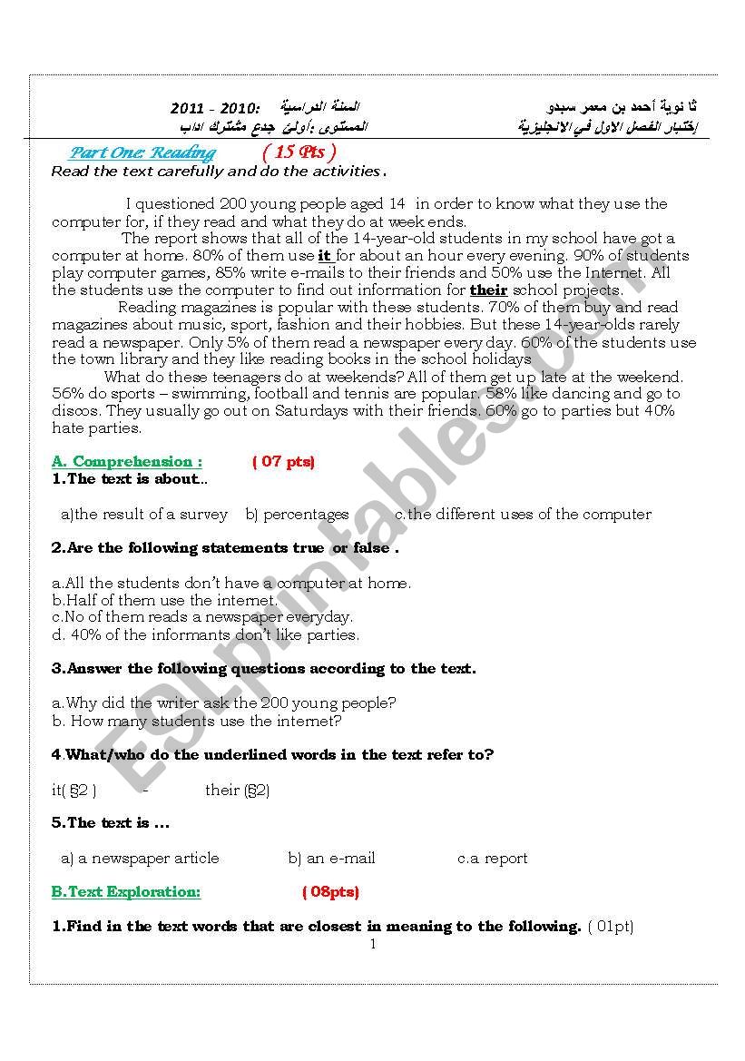 First Tem Final Exam 1°AS - ESL worksheet by Hocine B.