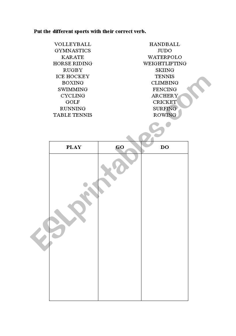 Sport verbs worksheet