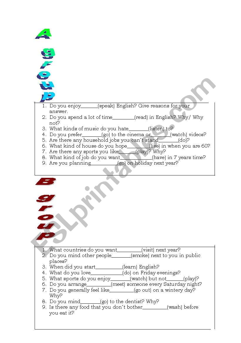 Pairwork activity: Verbs with -ing or to